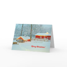 Joyeuse carte de Noël avec une scène de ferme neig