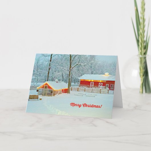 Joyeuse carte de Noël avec une scène de ferme neig (Devant)