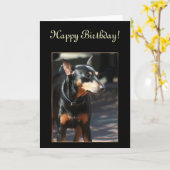 Joyeuse carte de voeux de Miniature Pinscher anniv (Fleur jaune)