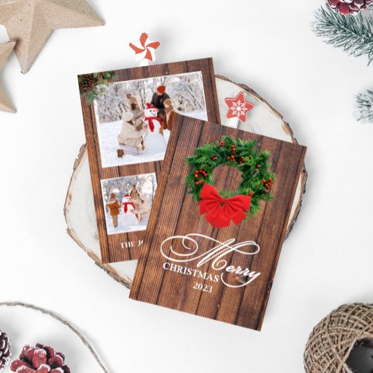 Joyeuse carte photo en bois de couronne de Noël