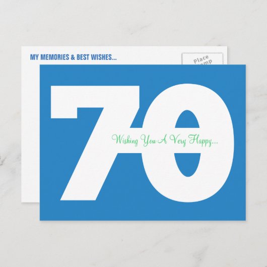 Joyeuse carte postale 70e anniversaire - en bleu (Devant / Derrière)