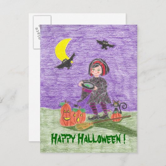 Joyeuse carte postale Halloween Witch Kid ! (Devant / Derrière)