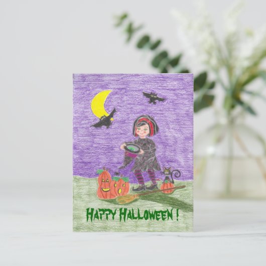 Joyeuse carte postale Halloween Witch Kid ! (Debout devant)