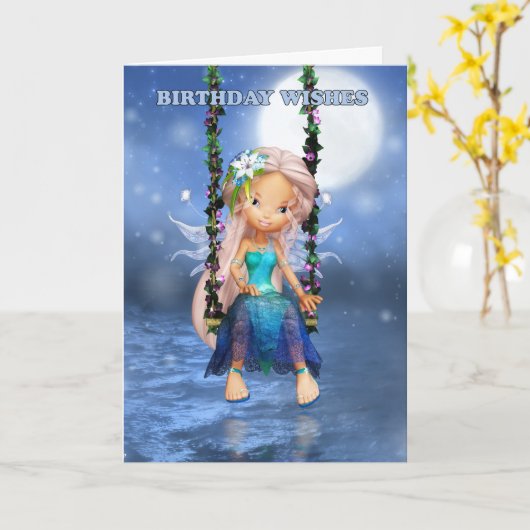 Joyeuse fée d'anniversaire sur une carte balançoir (Fleur jaune)