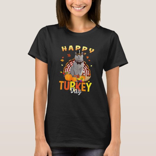 Joyeuse Fête de la dinde Grise Chat T-shirts de Th (Devant)