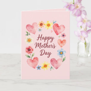 Joyeuse Fête des Mères Carte Cœurs et Fleurs Roses