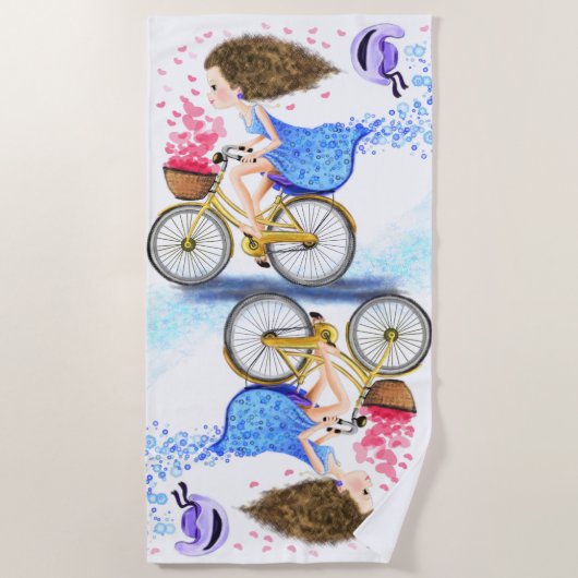 Joyeuse fille avec serviette de plage de vélo (Devant)