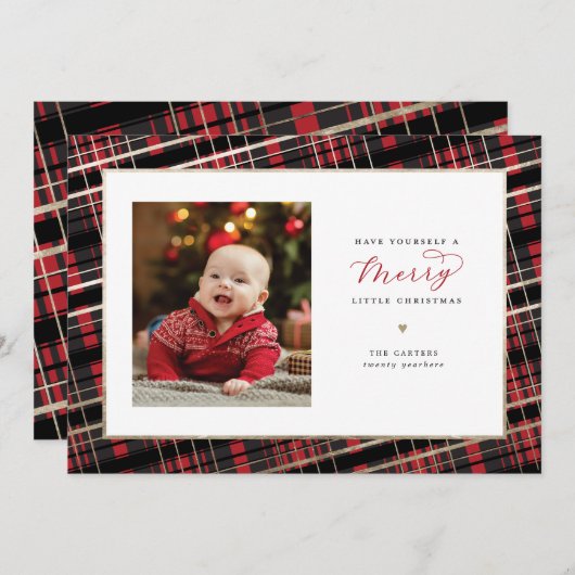 Joyeuse petite carte de Noël Rouge Plaid Faux Foil (Devant / Derrière)