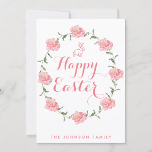 Joyeuses Cartes De Pâques Lapin Rose Et Wreath