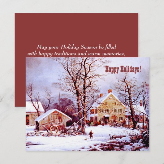 Joyeuses fêtes. Carte de scène hivernale vintage F (Devant / Derrière)