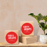 Joyeuses fêtes | Personnalisé Bold Red Christmas<br><div class="desc">Moderne minimaliste Joyeux Vacances Simple Nom Classic Sticker rond en Rouge</div>