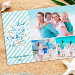 Joyeuses Fêtes tropicaux ou nautiques | Bande<br><div class="desc">Un jeu amusant, tropical ou nautique sur "Bonnes Fêtes" avec les mots "Mer et Voeux" dans une typographie moderne et élégante dans des couleurs sous-marines tranquilles accentuées par l'étoile de mer contre un arrière - plan à rayures aqua/turquoise. Cette salutation de plage et de vacances à thème aquatique coordonne avec...</div>