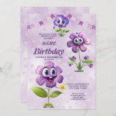 Joyeuses fleurs violettes Invitation de fête d'ann (Devant / Derrière)