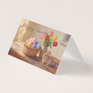 Joyeuses Pâques avec œufs colorés et tulipes