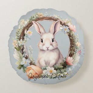 Joyeuses Pâques paashaas in een bloemenkrans Rond Kussen