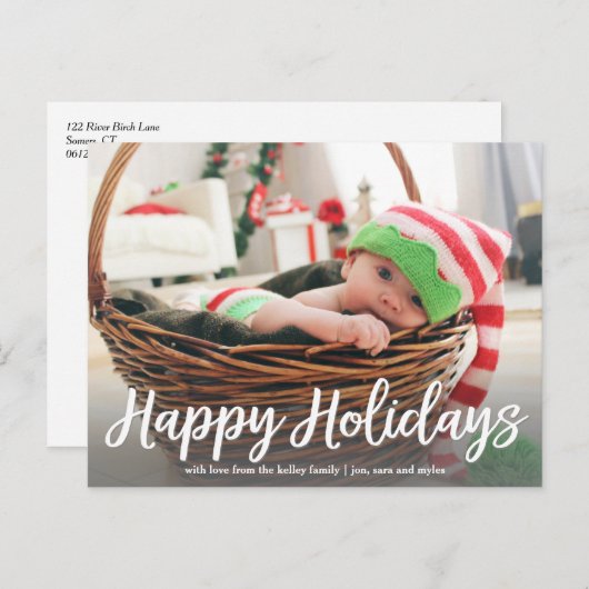 Joyeuses vacances en blanc Script Photo carte post (Devant / Derrière)