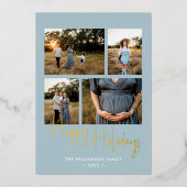 Joyeuses Vacances Moderne Bleu Script 4 Photo Or (Recto)