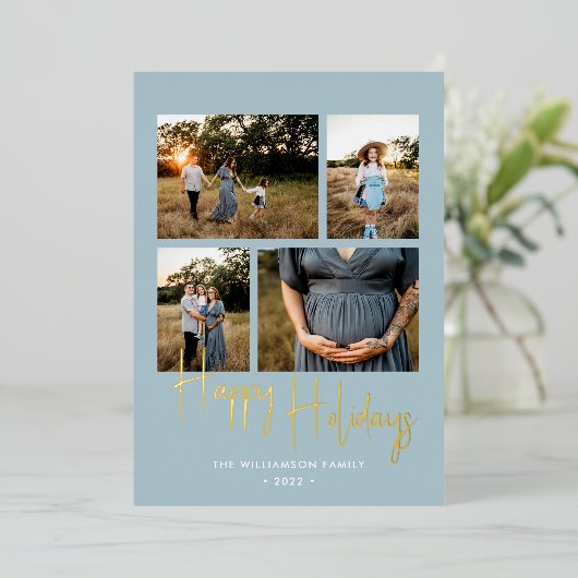Joyeuses Vacances Moderne Bleu Script 4 Photo Or (Debout devant)