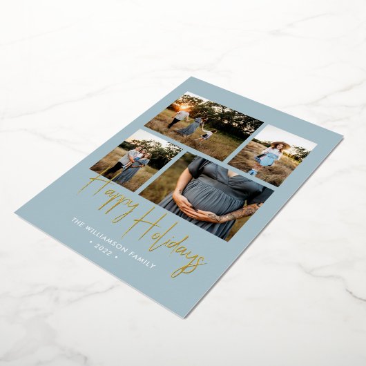 Joyeuses Vacances Moderne Bleu Script 4 Photo Or (Rotation)