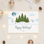 Joyeuses vacances Snowman Christmas Tree Carte de<br><div class="desc">Snowman en foulard bleu, lune bleue, arbres de Noël, nuages, pins, fêtes heureuses, nom de famille, carte de vacances de nom de famille personnalisée, cartes de Noël, cartes de Noël simplistes, cartes de Noël 2024, cartes de Noël 2023, idées de cartes de vacances, cartes de Noël, cartes de Noël en...</div>