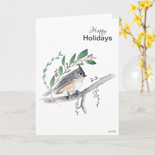 Joyeuses vacances Tufted Titmouse carte d'oiseau (Fleur jaune)