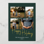 Joyeuses Vacances Vert moderne Script 4 Photo Or (Recto)