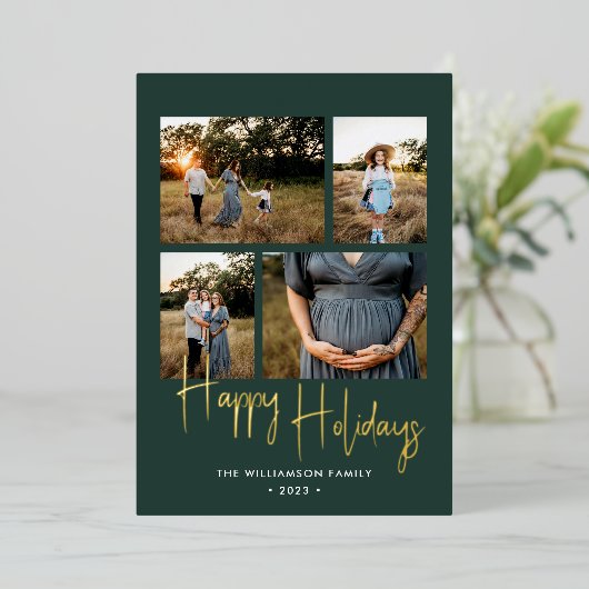 Joyeuses Vacances Vert moderne Script 4 Photo Or (Debout devant)