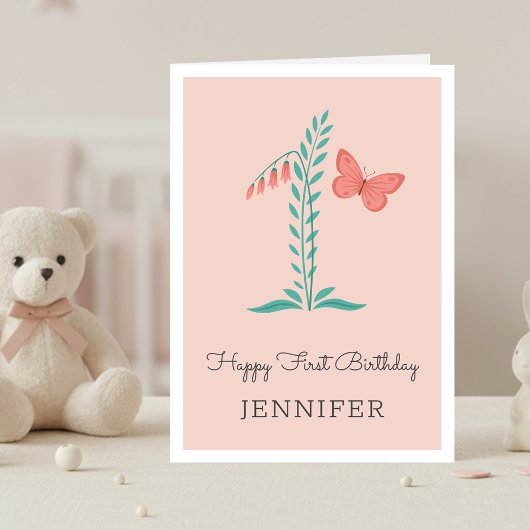 Joyeux 1er anniversaire Bébé Fille Papillon Carte 