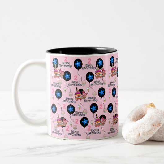Joyeux 2 Anniversaire Mug Balloons #2 Rose (Avec donut)
