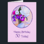 Joyeux 50ème anniversaire avec un tableau de fleur<br><div class="desc">Une carte de 50ème anniversaire simple mais élégante avec un tableau de fleurs. Un tableau d'un vase de fleurs est encadré de marguerites. L'ensemble est sur un arrière - plan rose délicat. Le message interne peut être modifié en fonction de vos besoins.</div>