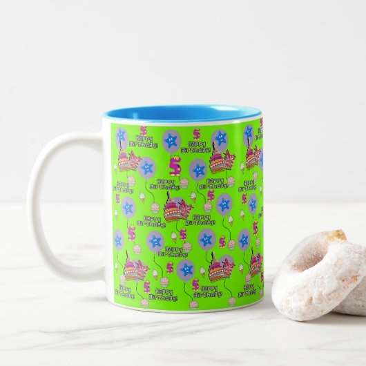 Joyeux 5 Anniversaire Mug Ballons #5 Vert (Avec donut)