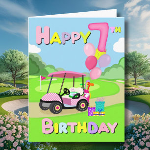 Joyeux 7e anniversaire Carte de golf rose à pois p