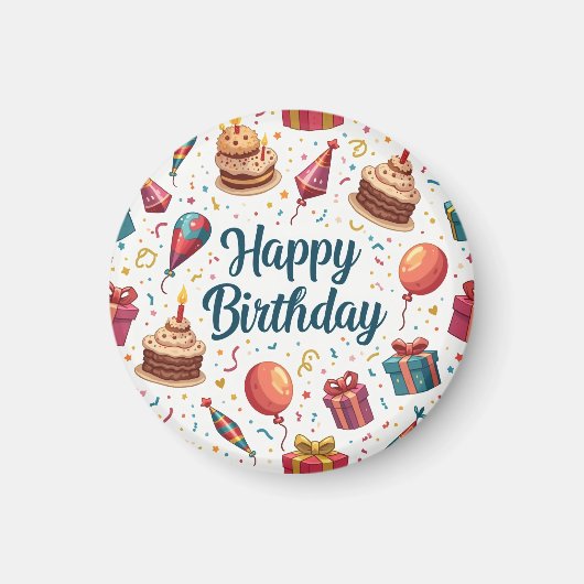 Joyeux Aimant d'anniversaire avec ballons et gâtea (Devant)