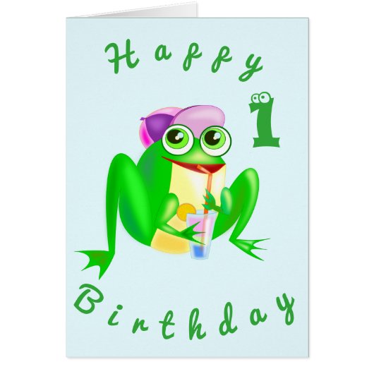 Joyeux Anniversaire 1 carte avec Happy Party Frog (Devant)