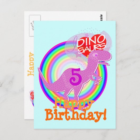 Joyeux anniversaire 5 ans violet T-Rex Dino carte  (Devant / Derrière)