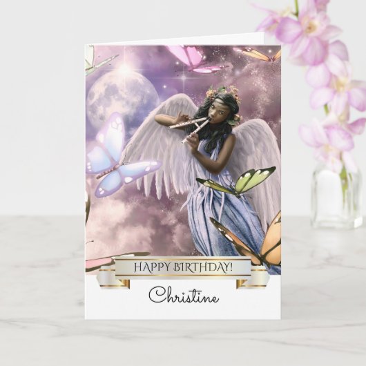 Joyeux anniversaire. Angel avec carte Papillons (Orchidée)