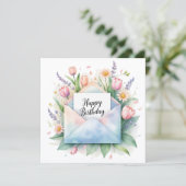 Joyeux anniversaire & belles fleurs. Carte de vœux (Debout devant)