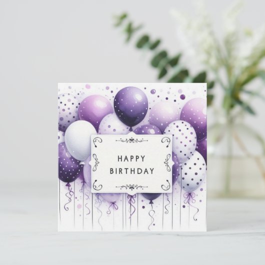 joyeux anniversaire carte ballons violets (Debout devant)