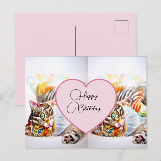 Joyeux Anniversaire Carte Postale Chat Tabby (Devant / Derrière)