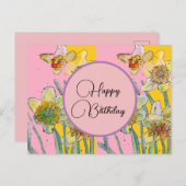 Joyeux Anniversaire Daffodil floral Rose Carte Pos (Devant / Derrière)