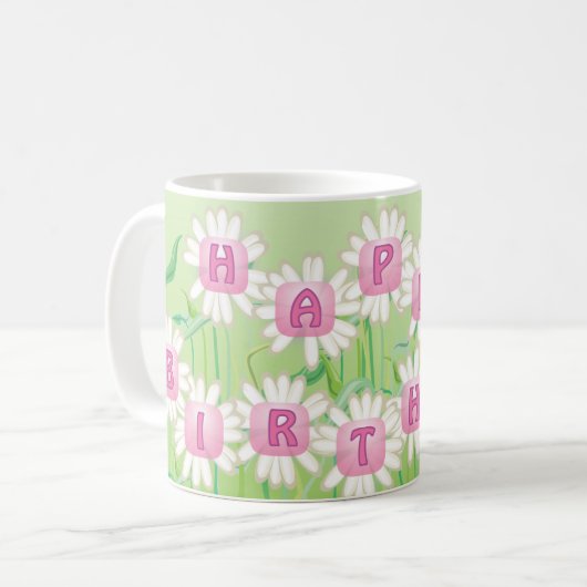 Joyeux Anniversaire Daisy Garden Design Café Mug (Devant gauche)
