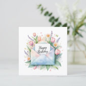 Joyeux anniversaire et tulipes. Carte (Debout devant)