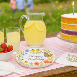 Joyeux Anniversaire Fleurs d'Été Assiette en Papie