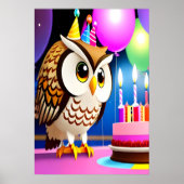Joyeux anniversaire, hibou, gâteau| AI Art Poster (Devant)