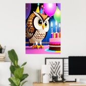 Joyeux anniversaire, hibou, gâteau| AI Art Poster (Bureau à domicile)