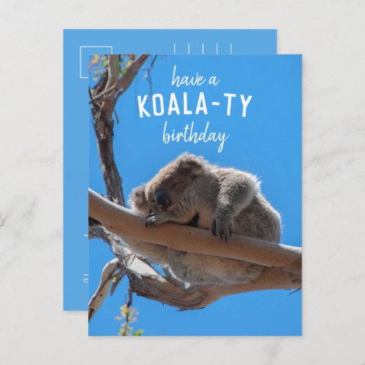 Joyeux anniversaire koala, Carte postale bleue drô (Devant / Derrière)