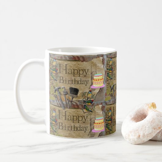 Joyeux Anniversaire Mug Construction Outils (Avec donut)