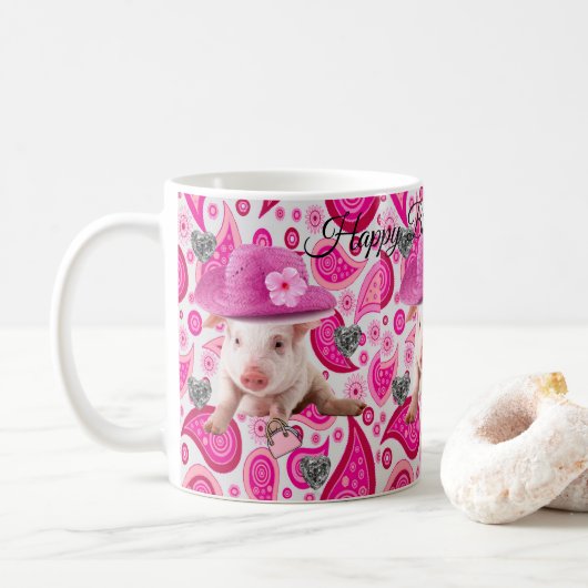 Joyeux Anniversaire Mug Pink Pig Paisley (Avec donut)