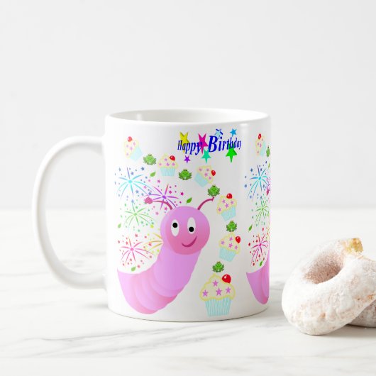 Joyeux Anniversaire Mug Pink Worm Confetti (Avec donut)