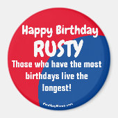 Joyeux Anniversaire RUSTY aimant rouge/bleu (Devant)